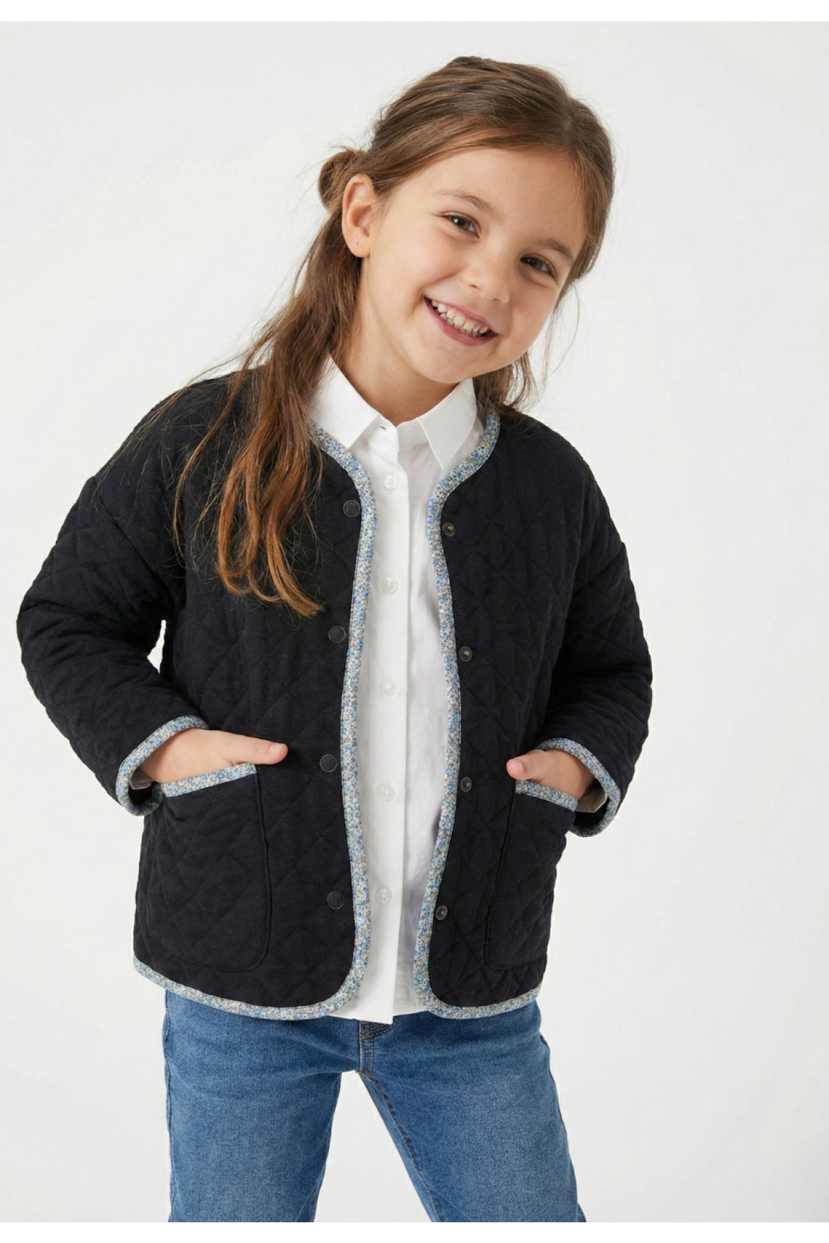 Lacivert Kapitone Kız Çocuk Ceket - Çıtçıtlı Pamuklu 