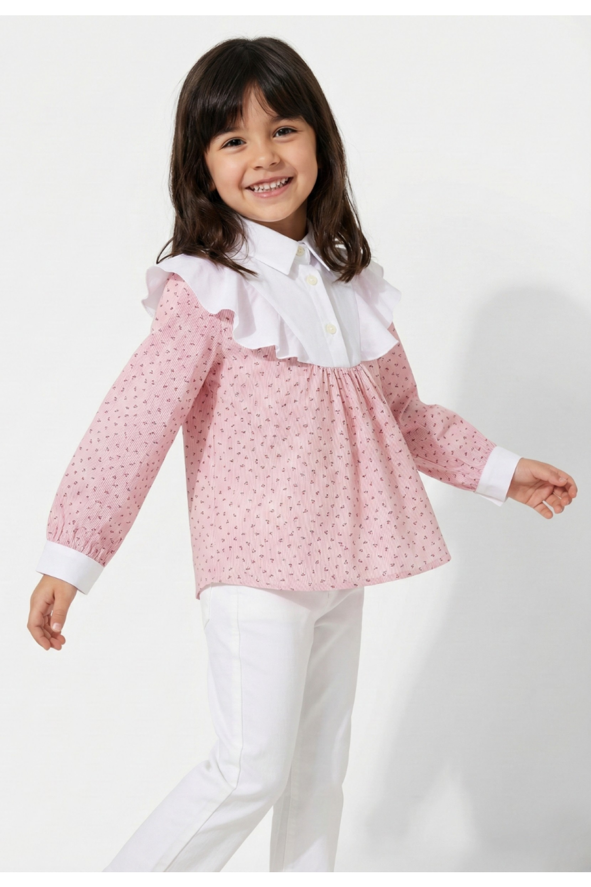 Hanour Fırfır Yaka Kiraz Desenli Kız Çocuk Gömlek – Pamuklu Uzun Kollu