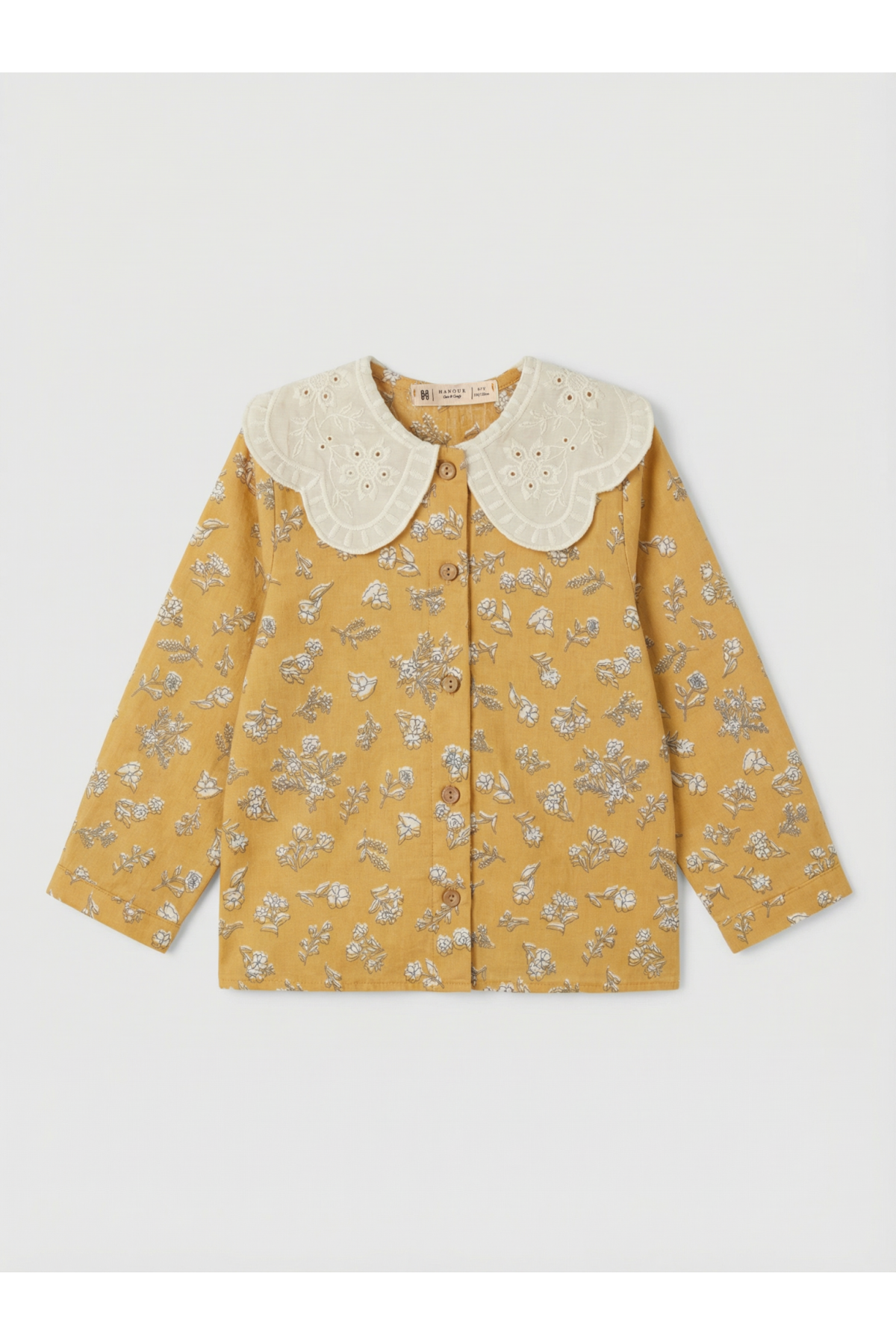 Hardal renk pamuklu kumaş, dantel yakalı gömlek